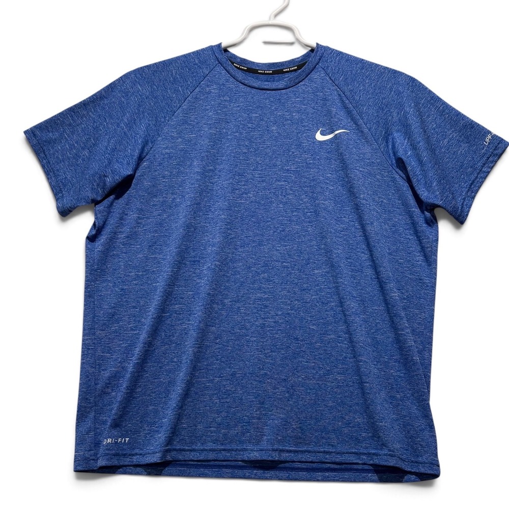 Nike Swim Dri-FIT Mens Lg Blue Heathered Short Sleeve UPF 40+ Rash Guard Shirt